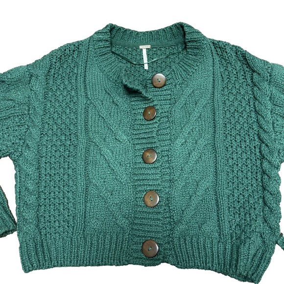 Free People Bonfire Cardi Cropped Button Up Cable Knit Green Boho Cottagecore S - Picture 4 of 9